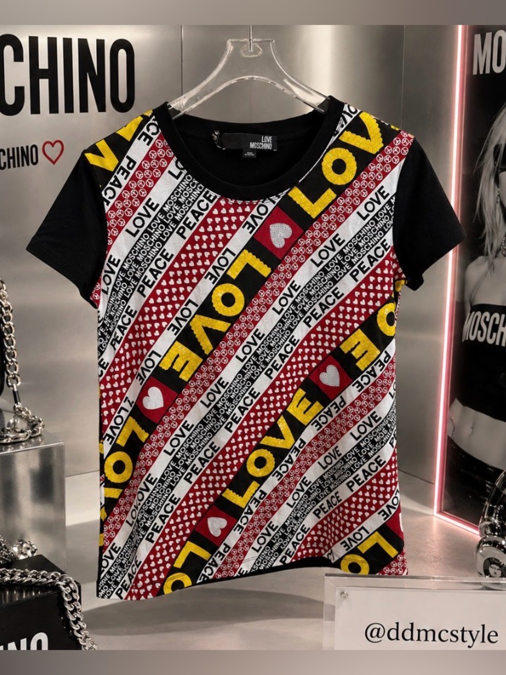 Moschino Black, Red & Yellow 'LOVE PEACE' Graphic Tee L cut small